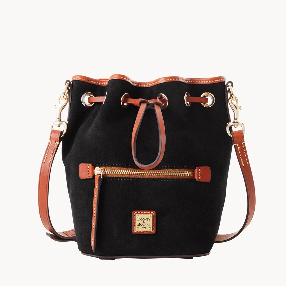 Dooney and Burke Small Drawstring Crossbody Bucket Bag Black Suede Purse